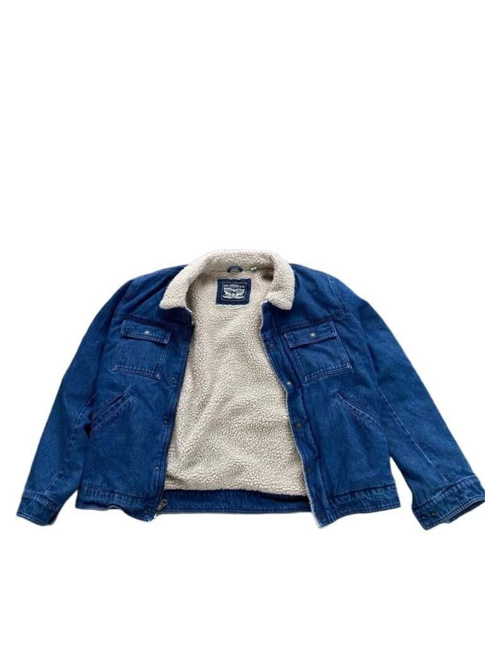 Levi's Premium Sherpa Lined Trucker Jacket Blue Denim Zip Sz L Mens #LM8MC531 A2